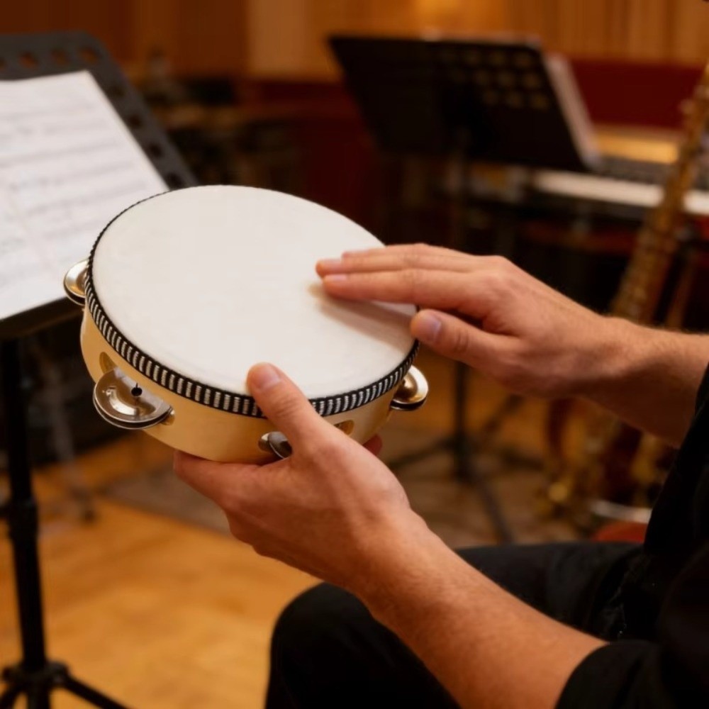 Musical Instrument With Hand - กลองมือถือขนาด 4/6/8/10 นิ้ว ทำจากไม้และโลหะ พร้อมเสียงจิงเกิล ของเล่นเครื่องดนตรีสำหรับเด็ก